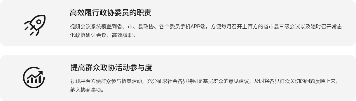 高效履行政协委员的职责 视频会议系统覆盖到省、市、县政协、各个委员手机APP端，方便每月召开上百方的省市县三级会议以及随时召开常态化政协研讨会议，高效履职。 提高群众政协活动参与度 视讯平台方便群众参与协商活动，充分征求社会各界特别是基层群众的意见建议，及时将各界群众关切的问题反映上来，纳入协商事项。