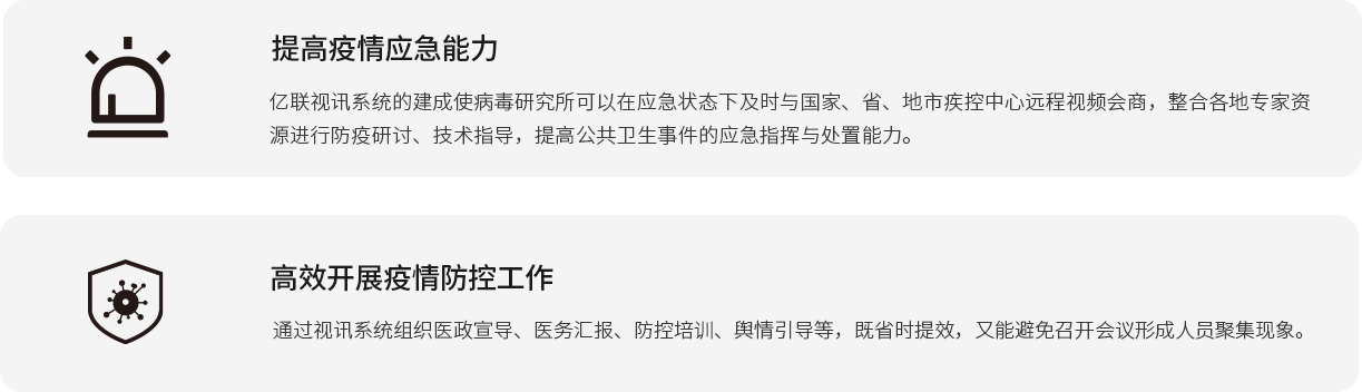 提高疫情应急能力 亿联视讯系统的建成使病毒研究所可以在应急状态下及时与国家、省、地市疾控中心远程视频会商，整合各地专家资源进行防疫研讨、技术指导，提高公共卫生事件的应急指挥与处置能力。 高效开展疫情防控工作 通过视讯系统组织医政宣导、医务汇报、防控培训、舆情引导等，既省时提效，又能避免召开会议形成人员聚集现象。