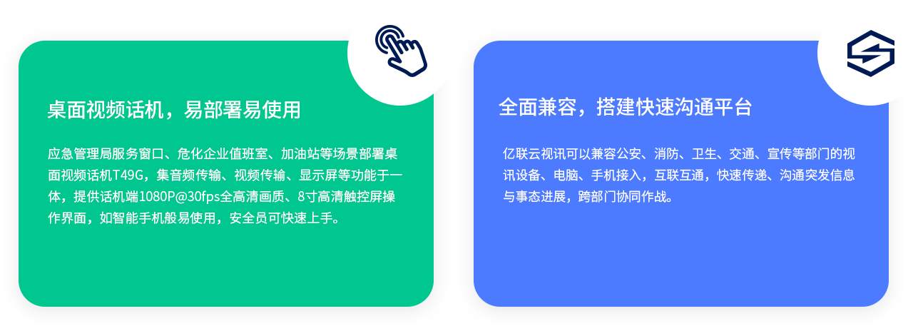 桌面视频话机，易部署易使用应急管理局服务窗口、危化企业值班室、加油站等场景部署桌面视频话机T49G，集音频传输、视频传输、显示屏等功能于一体，提供话机端1080P@30fps全高清画质、8寸高清触控屏操作界面，如智能手机般易使用，安全员可快速上手。全面兼容，搭建快速沟通平台亿联云视讯可以兼容公安、消防、卫生、交通、宣传等部门的视讯设备、电脑、手机接入，互联互通，快速传递、沟通突发信息与事态进展，跨部门协同作战。