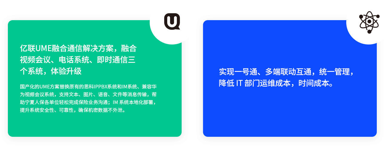 亿联UME融合通信解决方案，融合视频会议、电话系统、即时通信三个系统，体验升级 国产化的UME方案替换原有的思科IPPBX系统和IM系统、兼容华为视频会议系统，支持文本、图片、语音、文件等消息传输，帮助宁夏人保各单位轻松完成保险业务沟通；IM 系统本地化部署，提升系统安全性、可靠性，确保机密数据不外泄。 实现一号通、多端联动互通，统一管理，降低 IT 部门运维成本，时间成本。