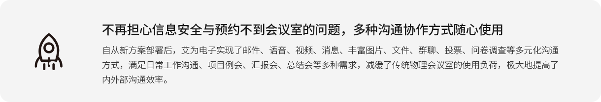 不再担心信息安全与预约不到会议室的问题，多种沟通协作方式随心使用 自从新方案部署后，艾为电子实现了邮件、语音、视频、消息、丰富图片、文件、群聊、投票、问卷调查等多元化沟通方式，满足日常工作沟通、项目例会、汇报会、总结会等多种需求，减缓了传统物理会议室的使用负荷，极大地提高了内外部沟通效率。